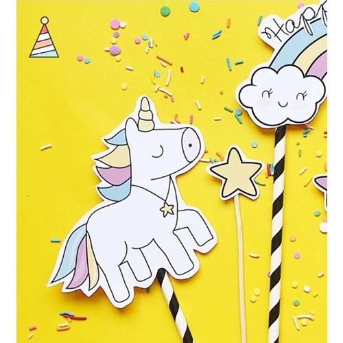 Topper piker ozdoby na tort babeczki jednorożec napis Happy Birthday unicorn dekoracje urodzinowe zestaw 5 sztuk